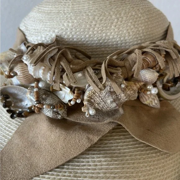 VTG Mermaidcore Straw Beach Sun Hat Shell Trim Boho Coastal Festival S/M - Picture 14 of 16